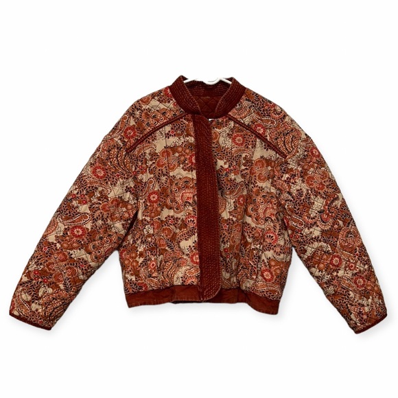 Free People Orange Rust Boho Paisley Print Reversible Quilt Jacket - Picture 1 of 7